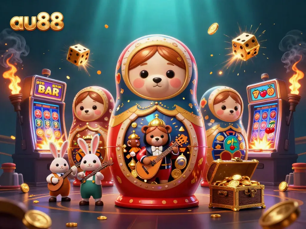 Experience interactive gaming with au88's exciting online casino illustrated scene filled with cartoon bears and jackpots.