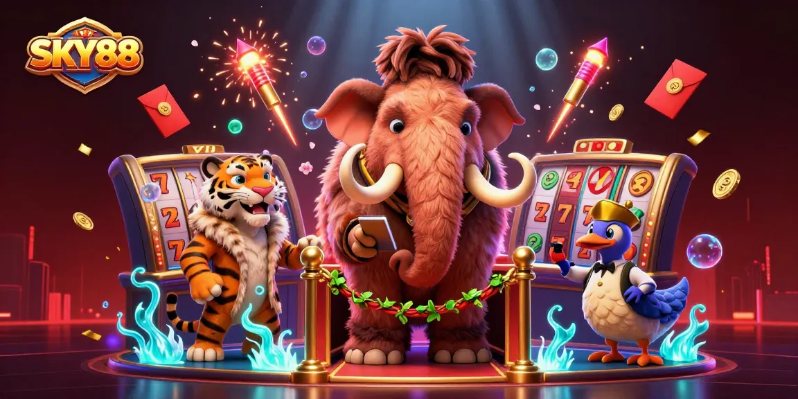 Experience vibrant luck at SKY88, featuring a mammoth bouncer checking IDs, with energetic slot reels.