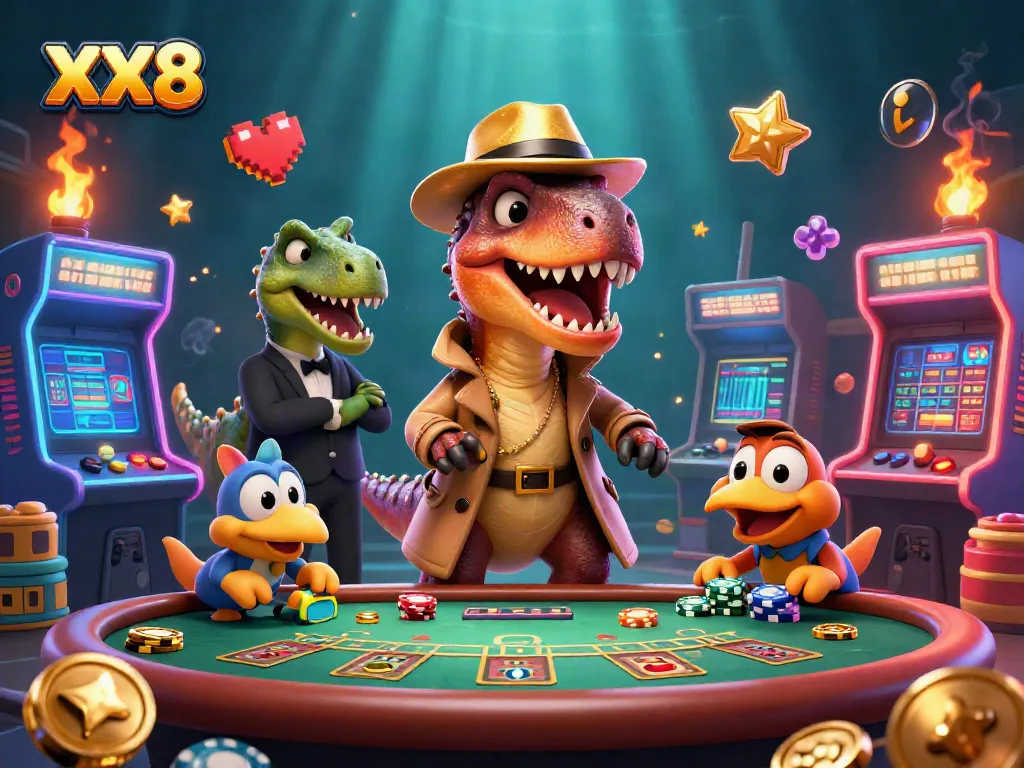 Experience thrilling blackjack gameplay with XX8 featuring a cartoon velociraptor and a suspicious pit boss in a vibrant casino.