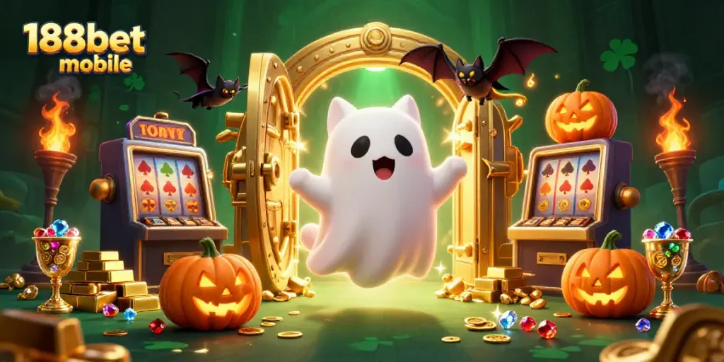 Experience thrilling gaming with 188bet mobile in a vibrant, haunted casino scene.