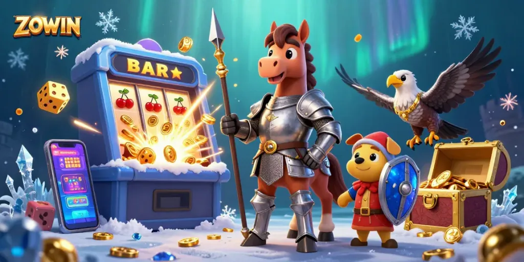 ZOWIN captures the thrill of slots with a knight, puppy, and falcon amidst a jackpot explosion.