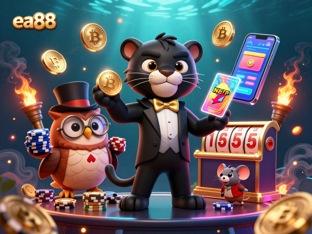 Play slots and win big with ea88 in a vibrant 3D cartoon scene featuring lucky characters and coins.