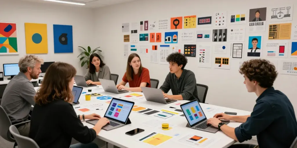 Collaboration marques et créateurs in a vibrant modern workspace with digital devices and creative materials for design.