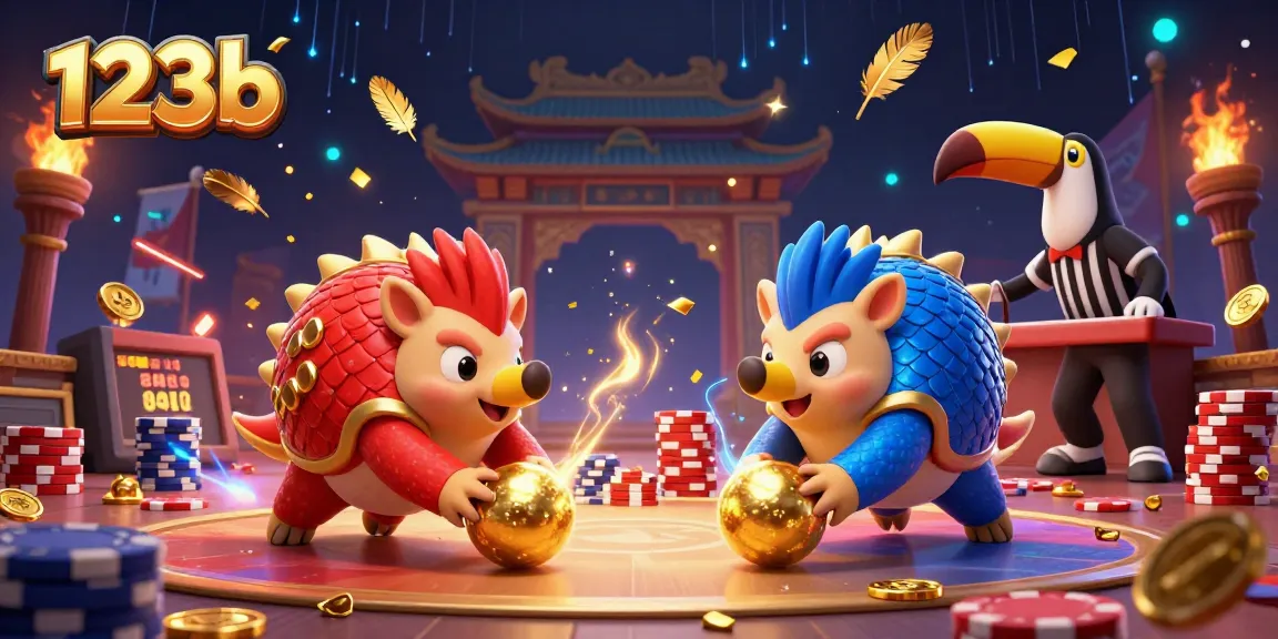 Experience the thrill at 123b with rival pangolins bowling through poker chips in a vibrant casino scene.