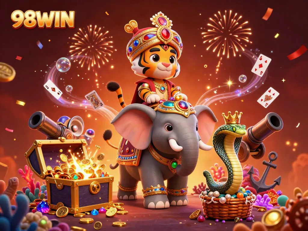 Experience thrilling gameplay at 98WIN featuring a vibrant 3D illustration with casino elements and dynamic characters.
