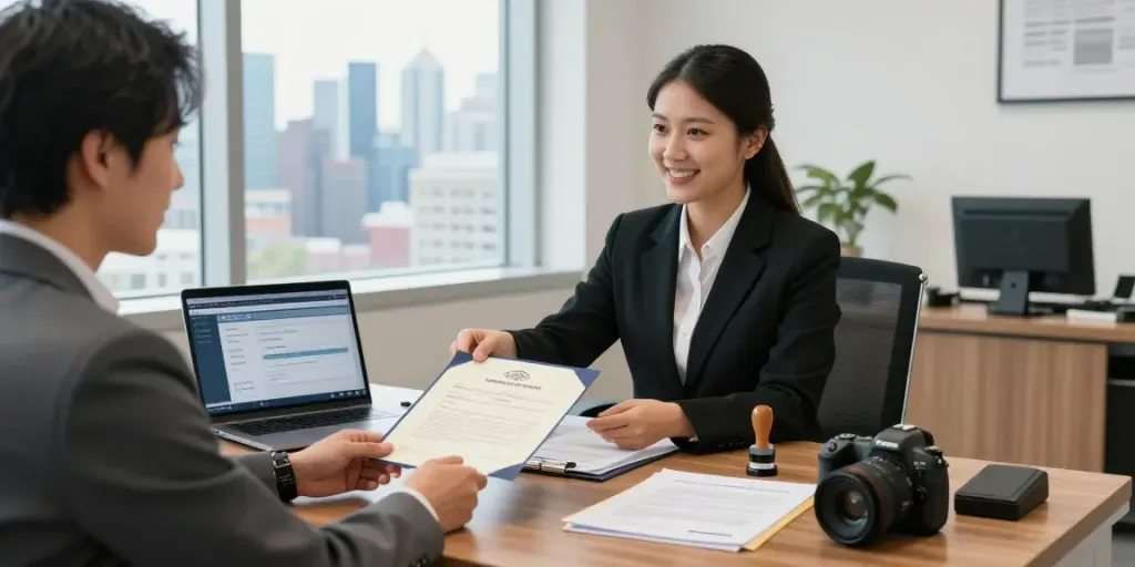 Apostille Toronto Canada - Professional notary assisting client with document verification for same-day apostille services in a modern office.