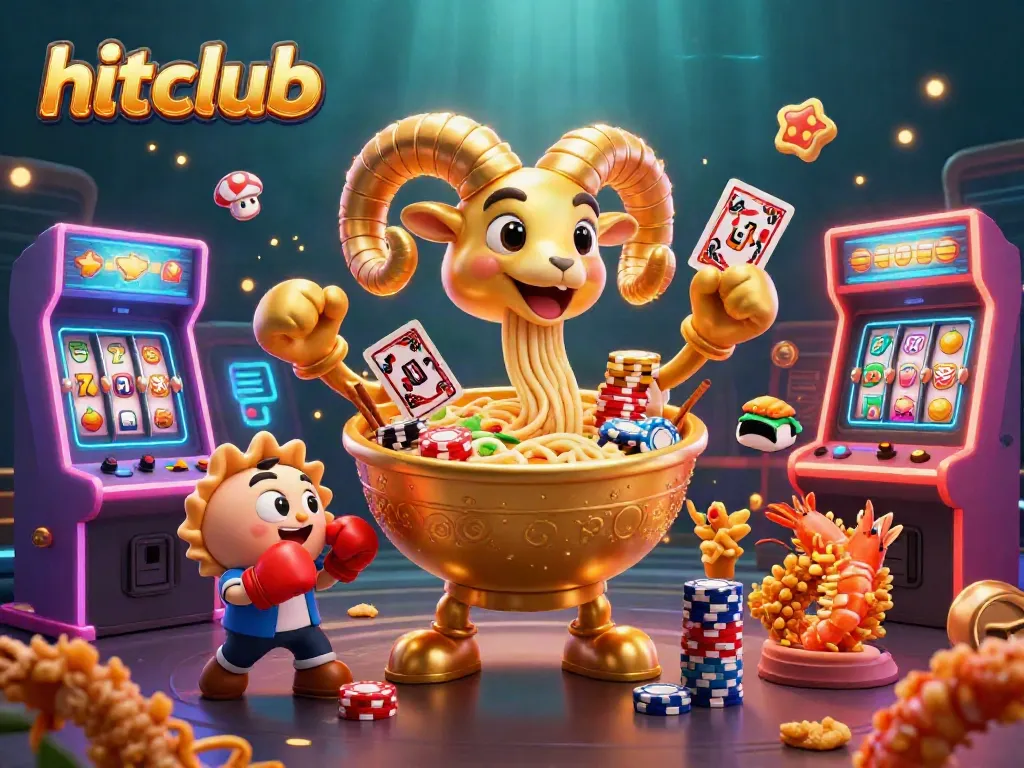 Join the hitclub gaming adventure with vibrant casino-themed characters and elements in a dynamic 3D illustration.