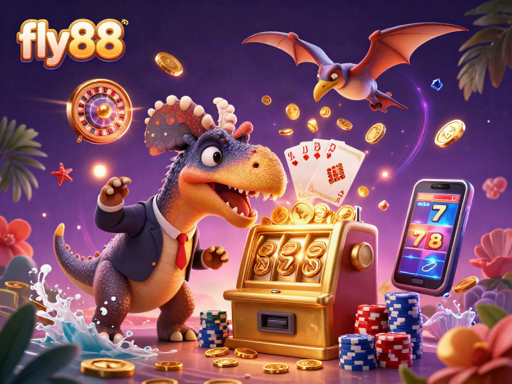 fly88 logo depiction with a pachycephalosaurus winning coins from a slot machine