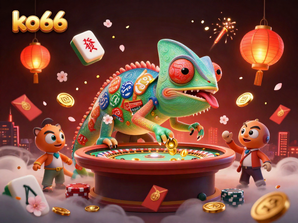Engage with the dynamic world of ko66, featuring an energetic chameleon casino owner amidst vibrant gambling elements.