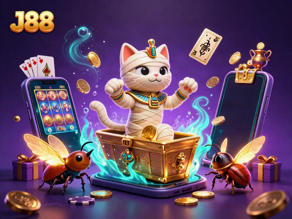 Engage in thrilling slots action with J88, featuring a mummy cat in a vibrant casino scene with floating cards.