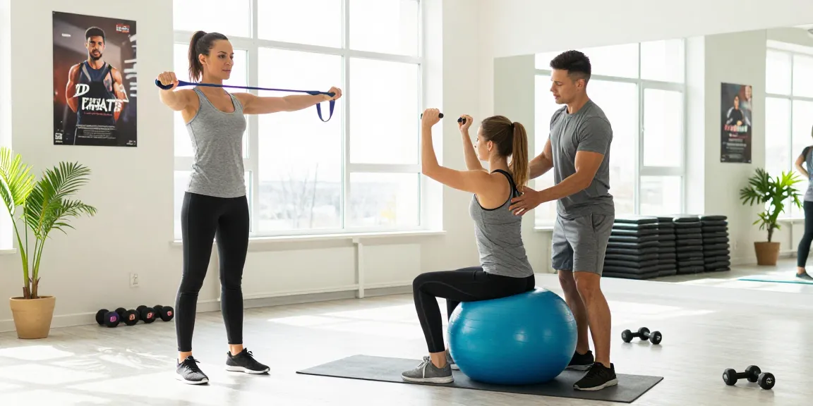Engaging fitness trainer demonstrating health equip like dumbbells and resistance bands in a bright studio setting