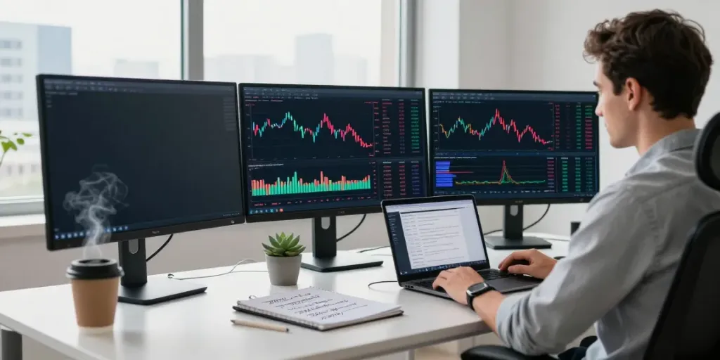 Trader using slate capivex platform in a modern workspace with multiple screens.
