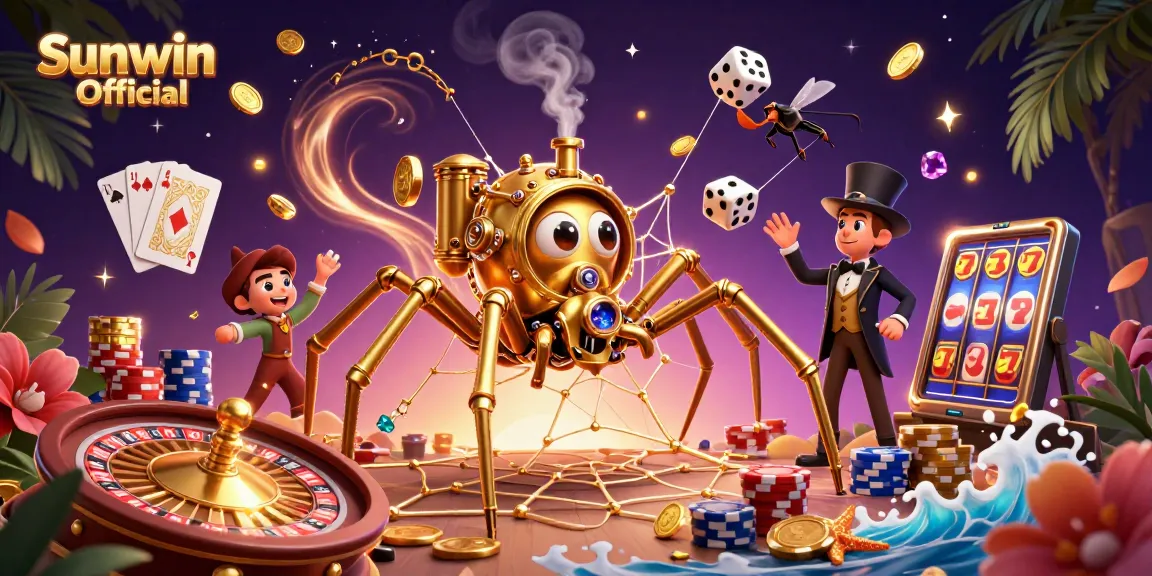 Experience the excitement of Sunwin Official with a dynamic 3D gambling scene featuring a golden spider and high-stakes elements.