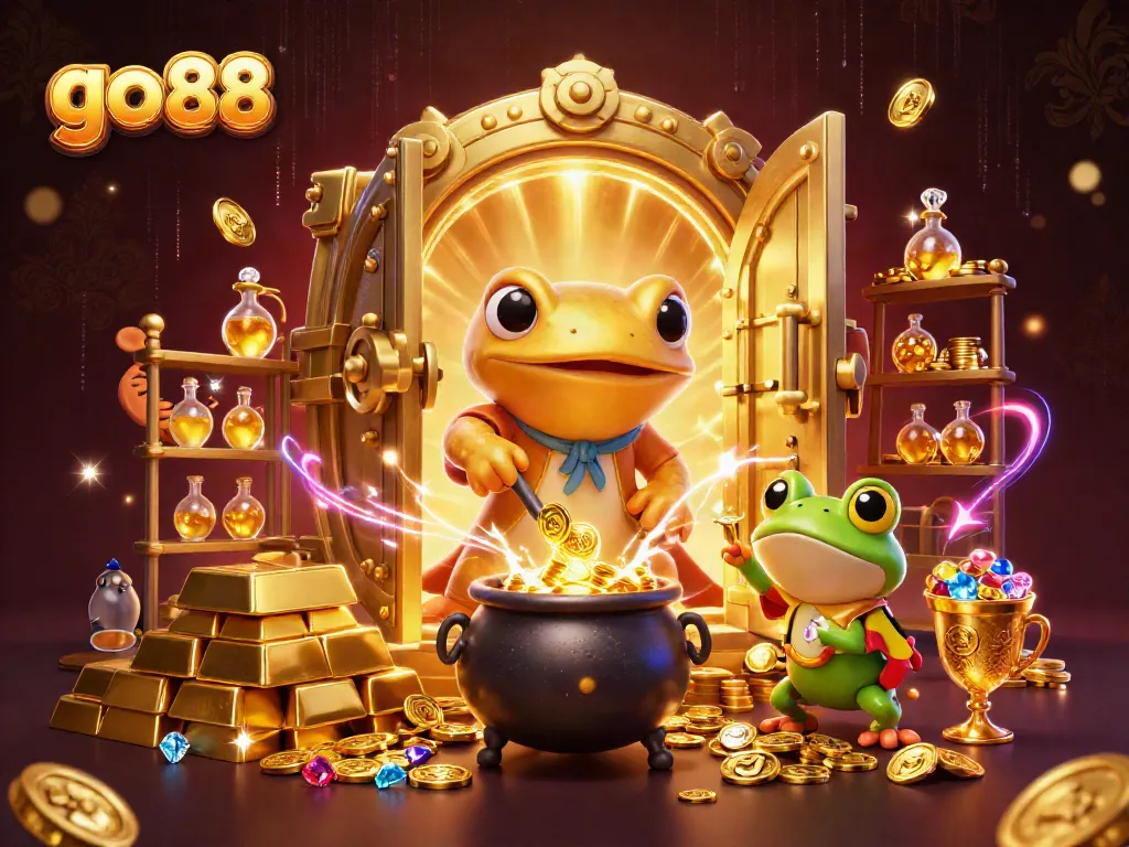 Experience the excitement of go 88 by witnessing a golden alchemist crafting gold coins in an enchanting casino scene.