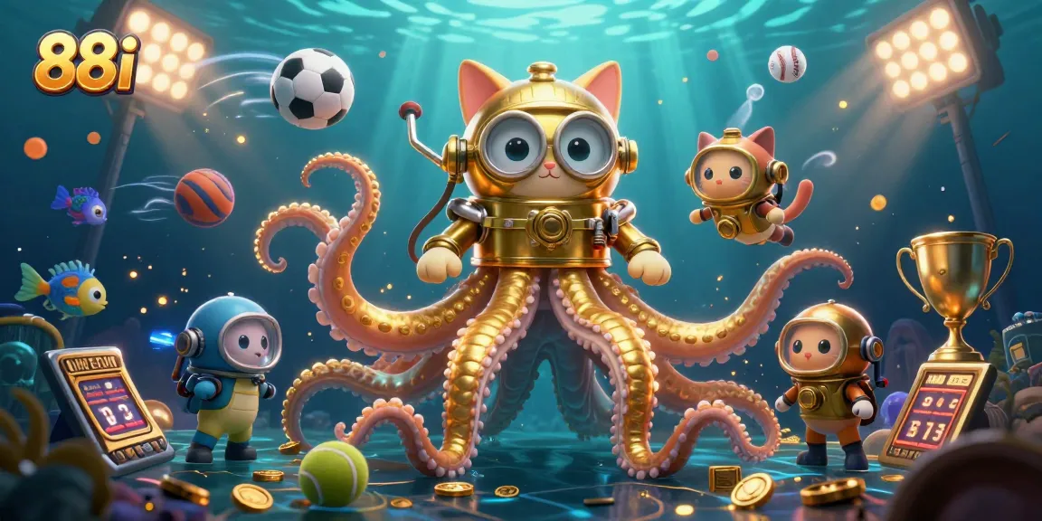 Experience thrilling bets at 88i with a dynamic 3D illustration of a kraken, diving cat, and vibrant underwater elements.