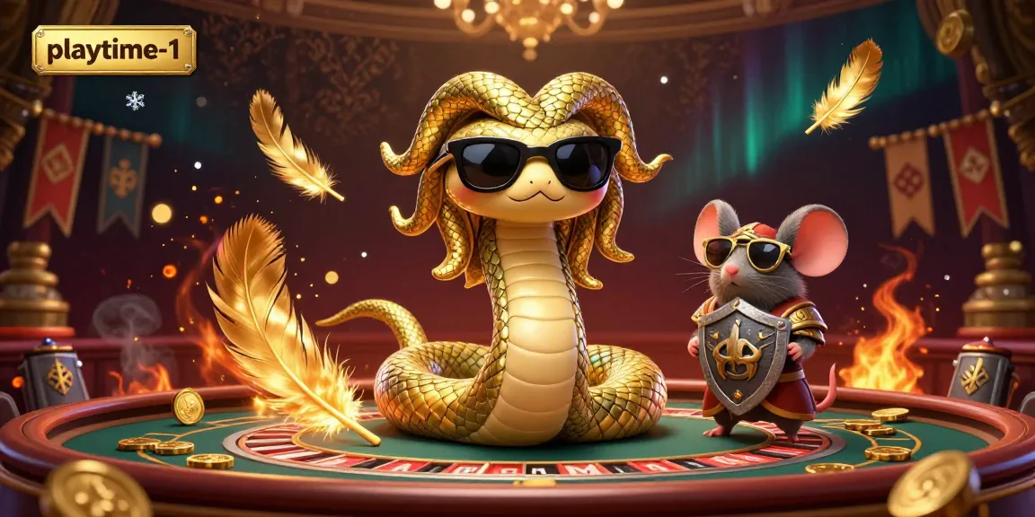 Experience thrilling gameplay action with playtime-1 in a vibrant 3D casino atmosphere featuring Medusa and a warrior mouse.