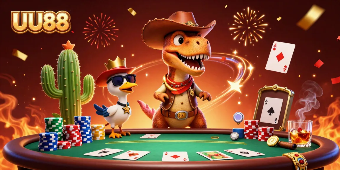Engage with thrilling gambling action at UU88 with a dinosaur, cactus, and roadrunner in a festive casino scene.