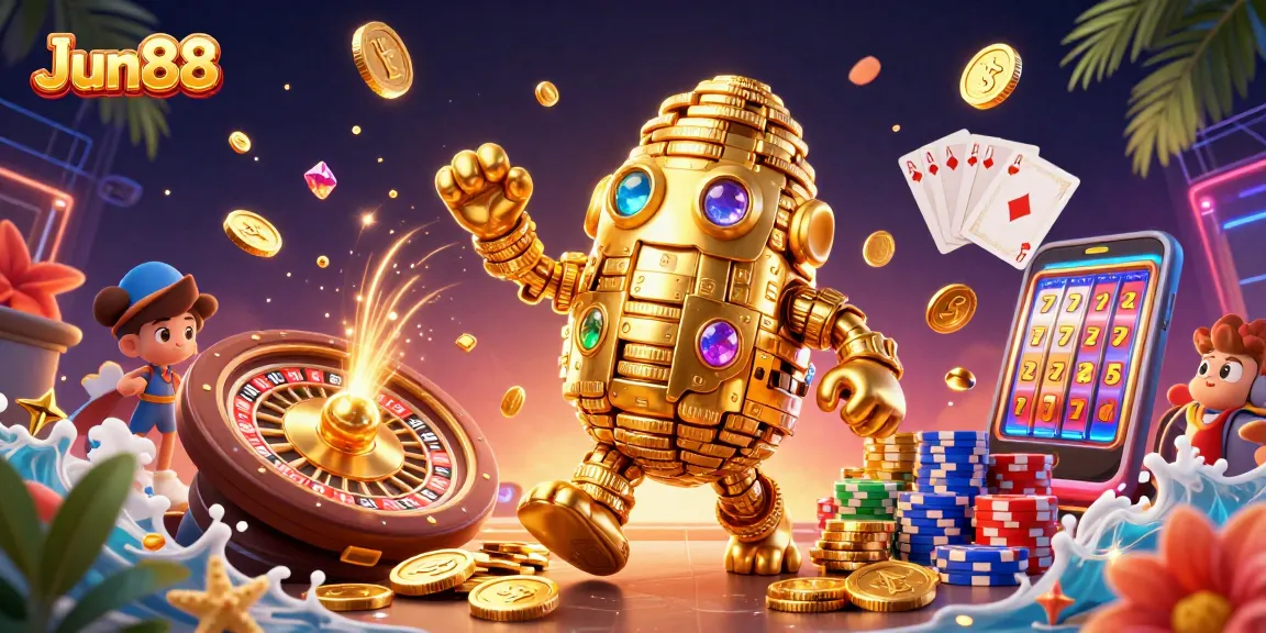 Spin the reels and win big with Jun88, showcasing a vibrant casino scene featuring a golden golem and lively slot elements.