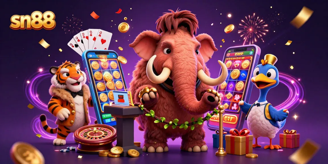 sn88 casino scene with a woolly mammoth bouncer and saber-tooth tiger guest enjoying exciting games
