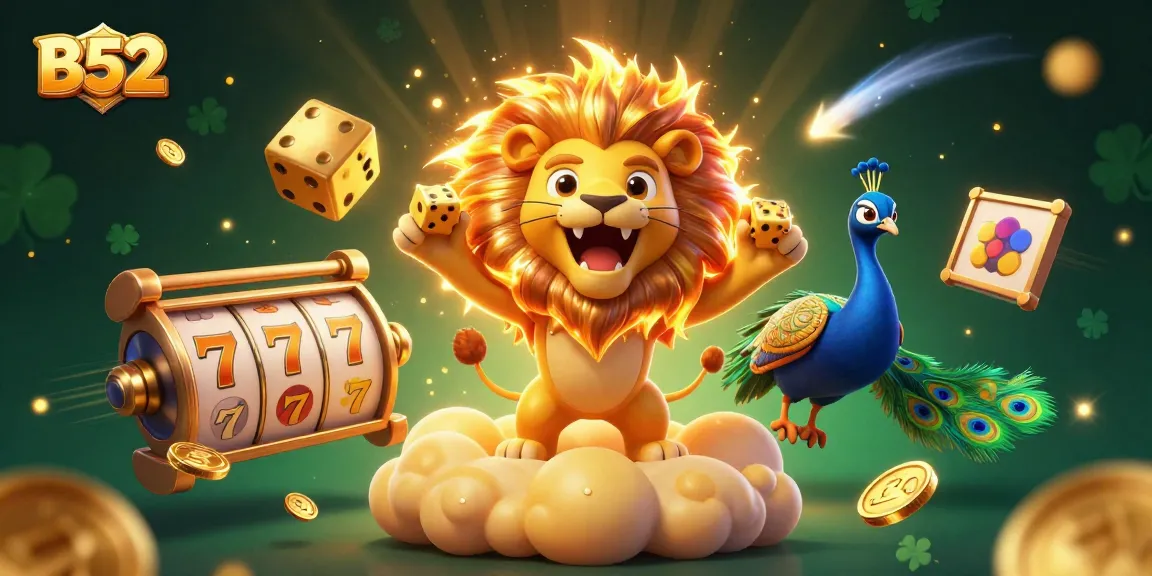 Experience the thrill of B52 slots with a roaring sun lion and vibrant casino symbols.