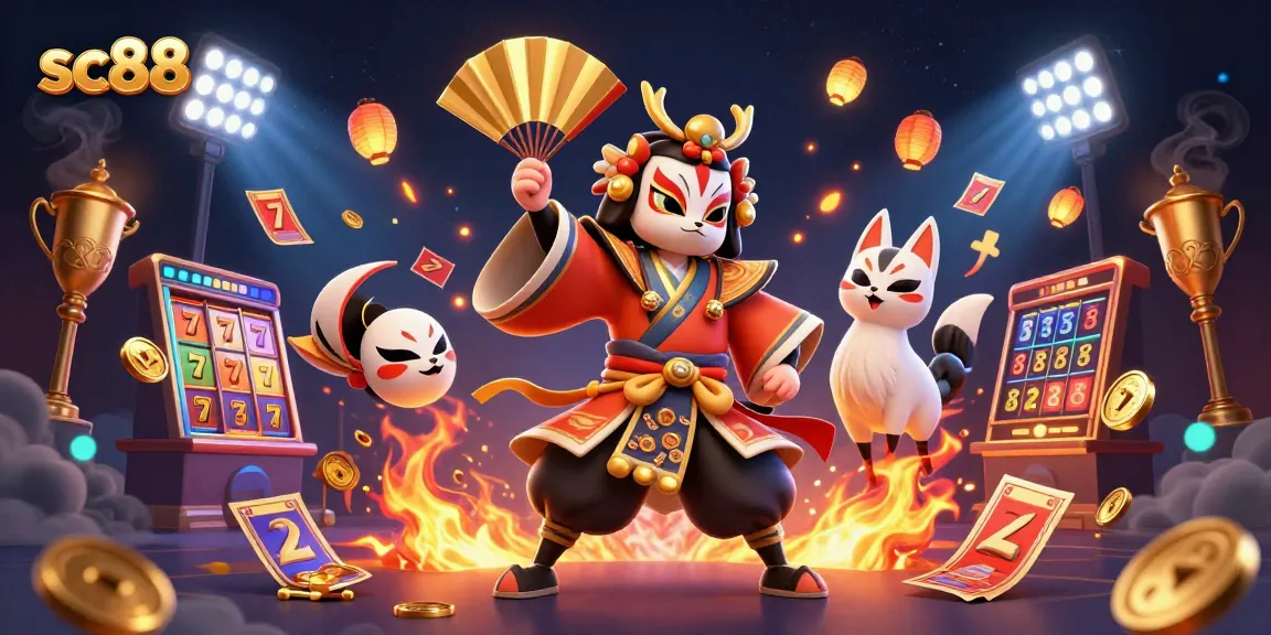 Engage with sc88's vibrant slots featuring kabuki characters amidst dynamic casino elements.