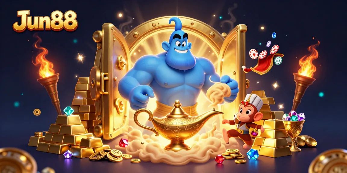 Experience the magical world of Jun88 with a playful genie, treasures, and thrilling poker action!
