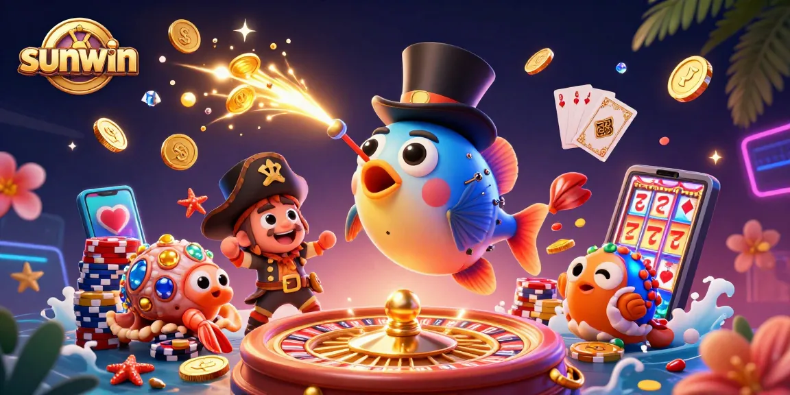Engage with sunwin's thrilling 3D casino scene featuring an anglerfish, pirate shrimp, and gem snail