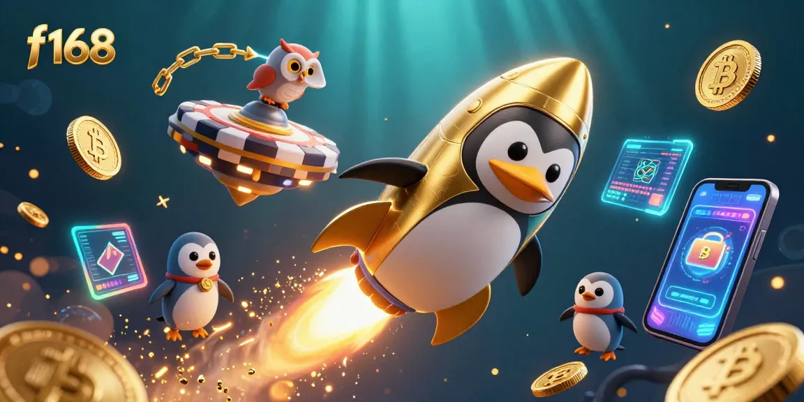 f168 presents a dynamic scene with a golden penguin-shaped rocket zooming toward a casino space station.
